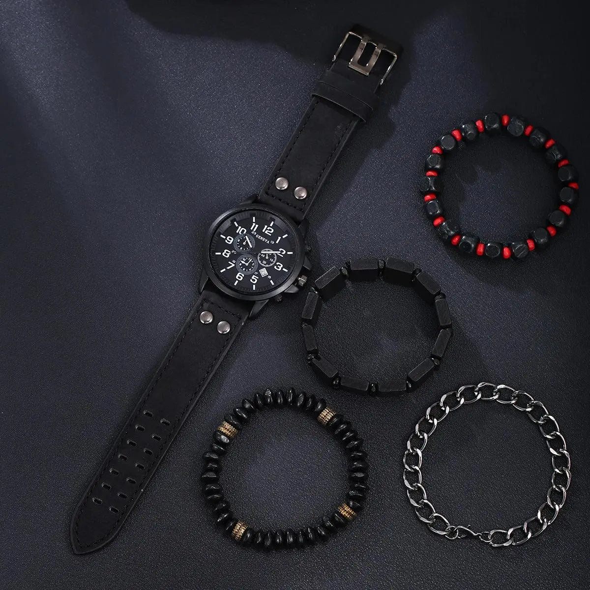 New Men's Fashion Business Belt Calendar Quartz Watch+4 Bracelets TETAEA