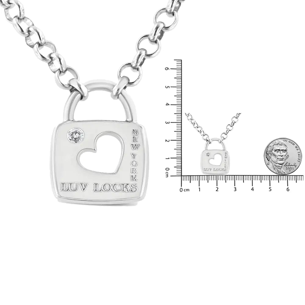 .925 Sterling Silver Diamond Accent Open Heart Love Lock Pendant 18" Necklace (I2-I3 Clarity, H-I Color) TETAEA
