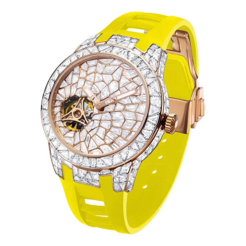 Exclusive Men's Mechanical Watch with Automatic Mechanical Movement and Luminous Crystal Dial Set with Diamonds