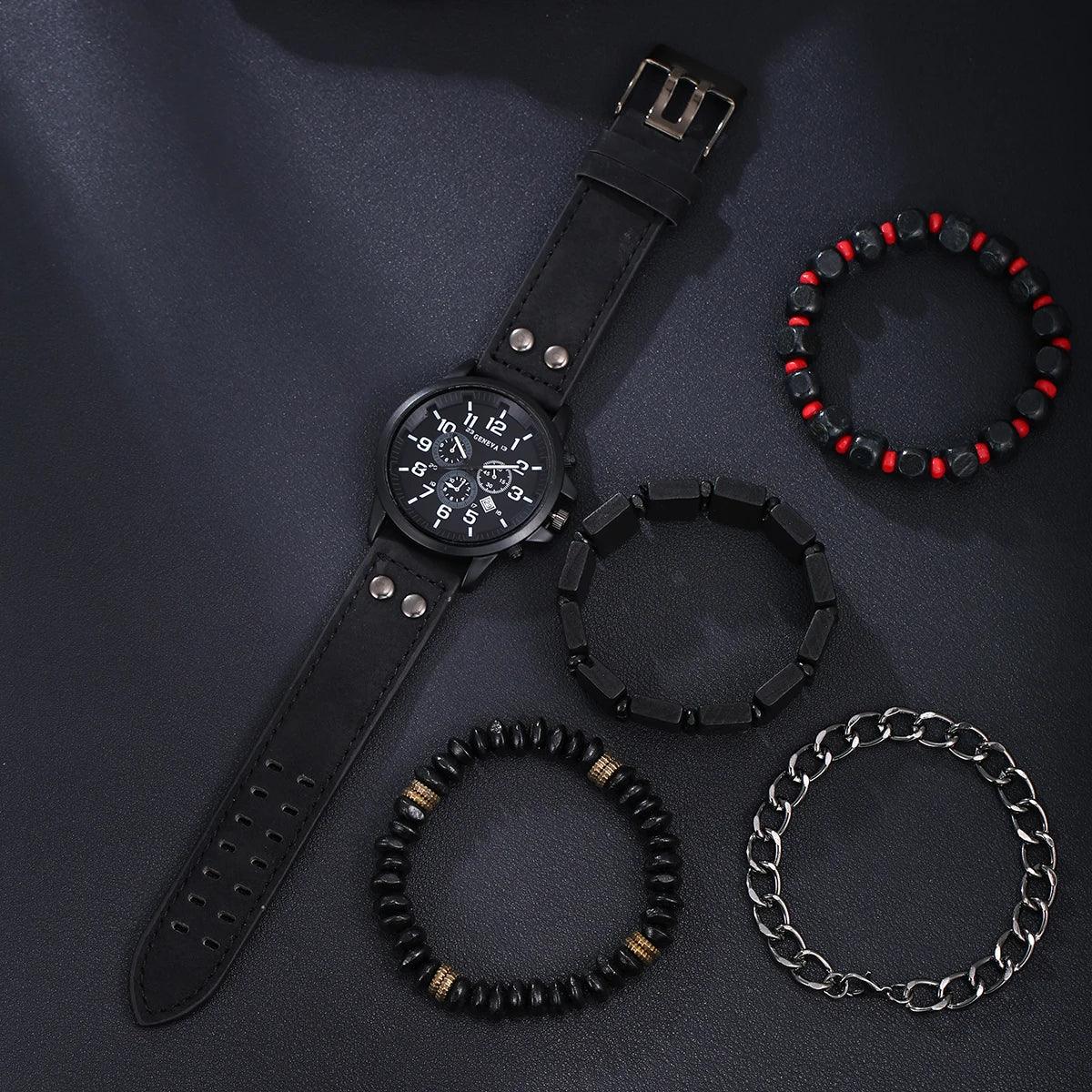 New Men's Fashion Business Belt Calendar Quartz Watch+4 Bracelets