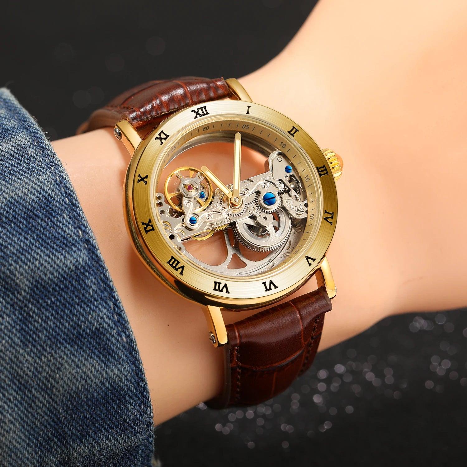 Classic Automatic Mechanical Watches for Men Luxury Genuine Leather Strap Watch Carved Movement Luminous Hands