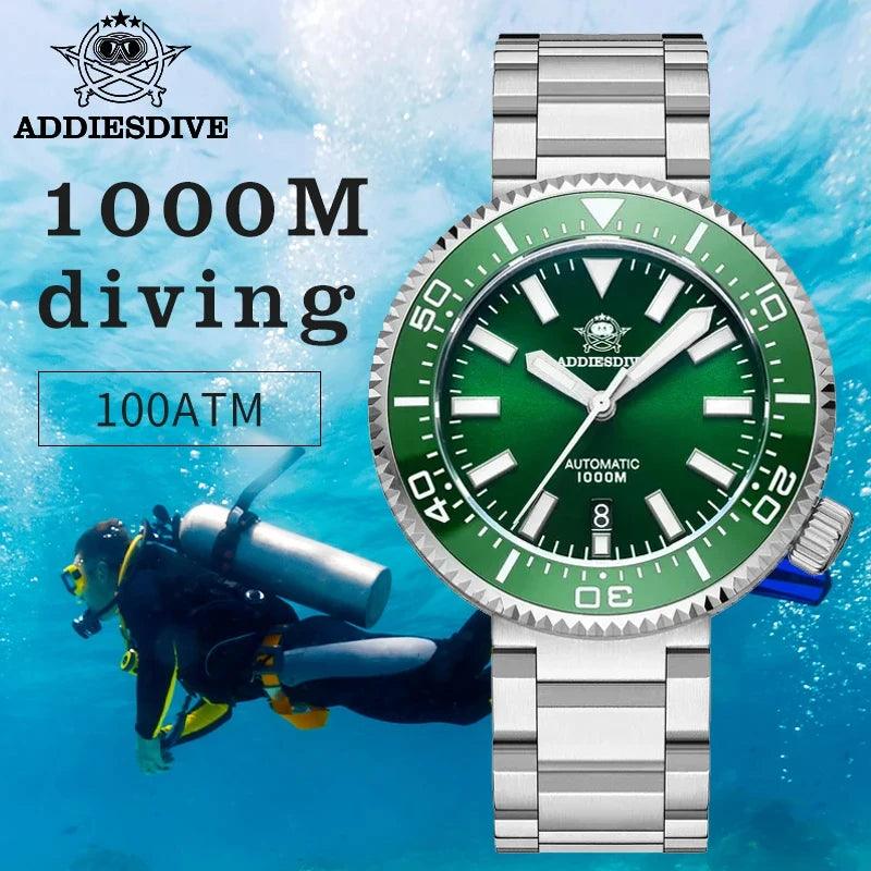 Heavy blue sapphire diving watch with unique round design, water resistant to 1000 meters.