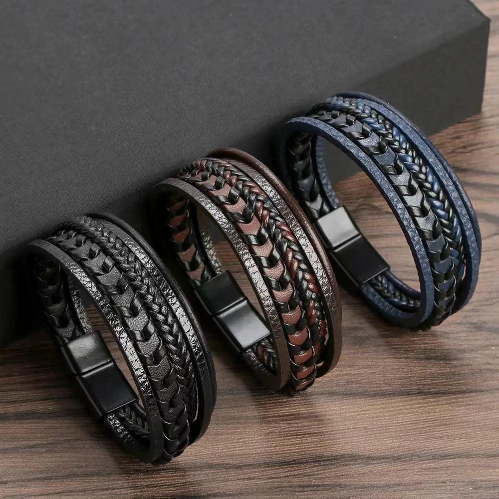 Men's Fashion Multilayer Leather Bracelet with Magnetic Clasp and Braided Rope Classic Stylish Design