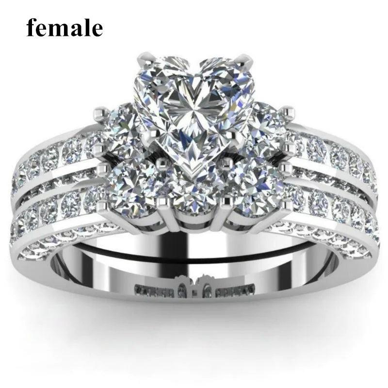 2pcs Men & Women Fashion Couple Rings Heart Rhinestones Zirconia Trendy Stainless Steel Ring Wedding