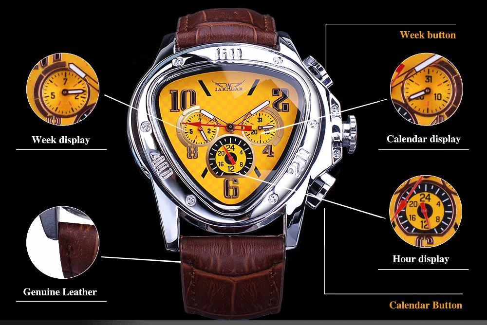 First class mechanical watch in triangle shape with three needles leather strap