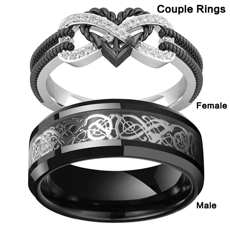 Charm Couple Rings Stainless Steel Celtic Dragon Ring Heart Black Zircon