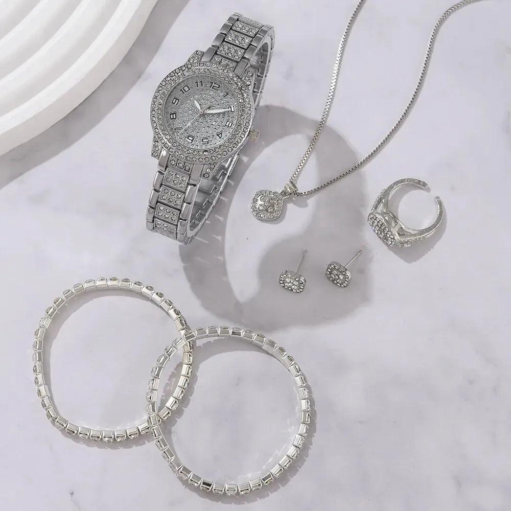 6 Pcs Jewelry Set: Watch, Necklace, Earrings, Ring and 2 Bracelets