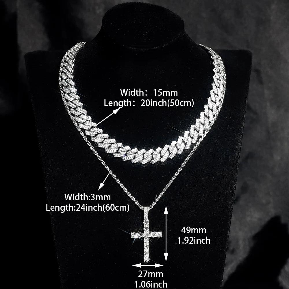 Watch+Necklace+Bracelet High Quality Cross Pendant and Bling Cuban Chain Fashion