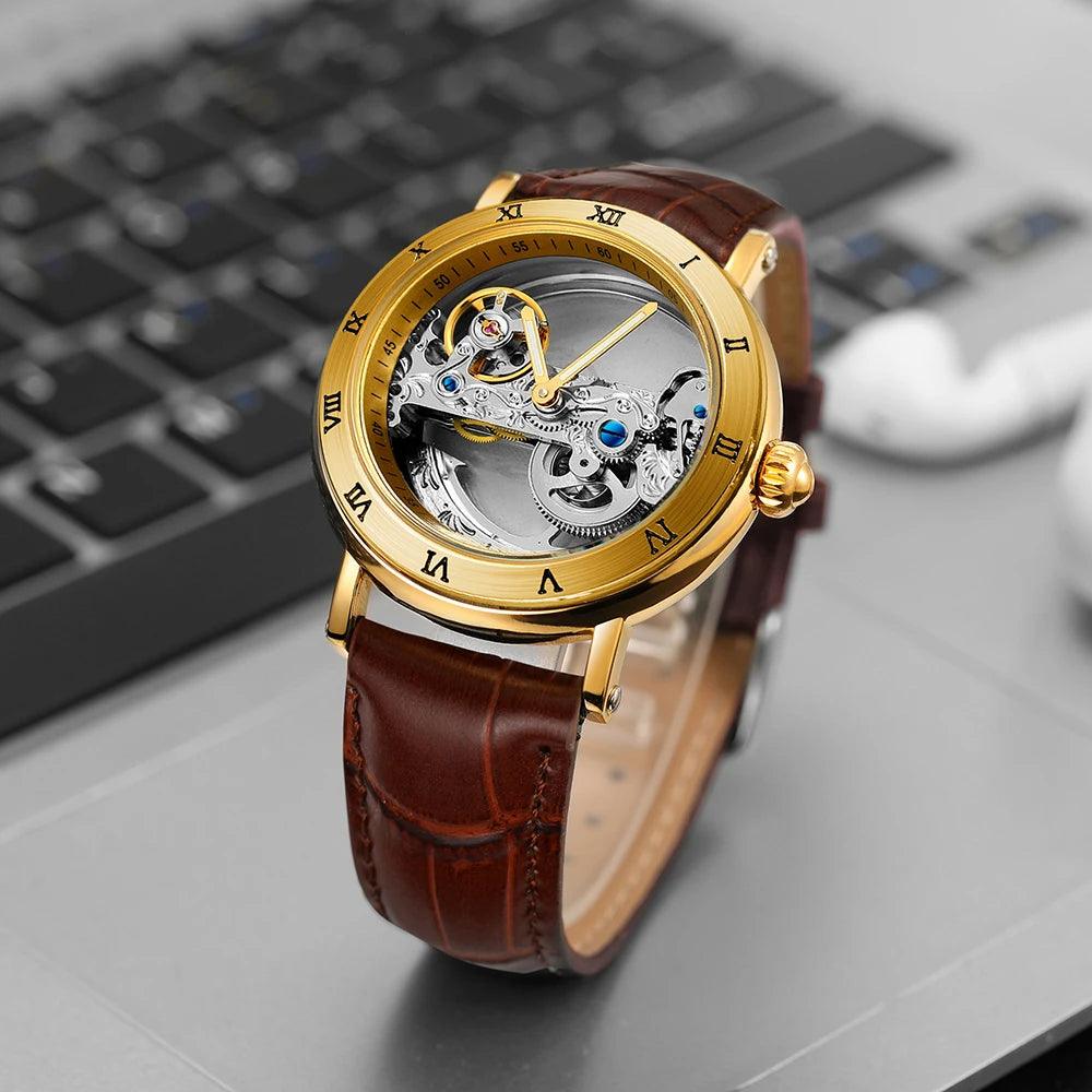 Classic Automatic Mechanical Watches for Men Luxury Genuine Leather Strap Watch Carved Movement Luminous Hands