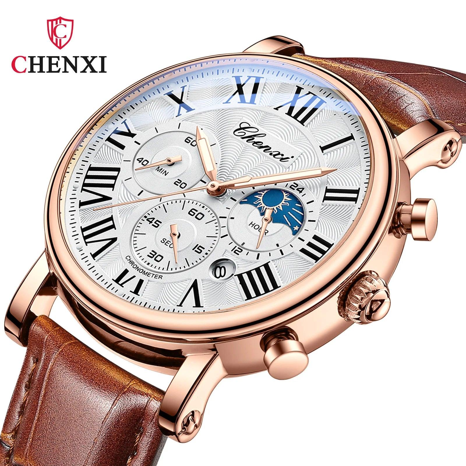 Men's wrist watch, luxury design, combines multiple functions and moon phases. Features a quartz dial and a stylish leather strap.