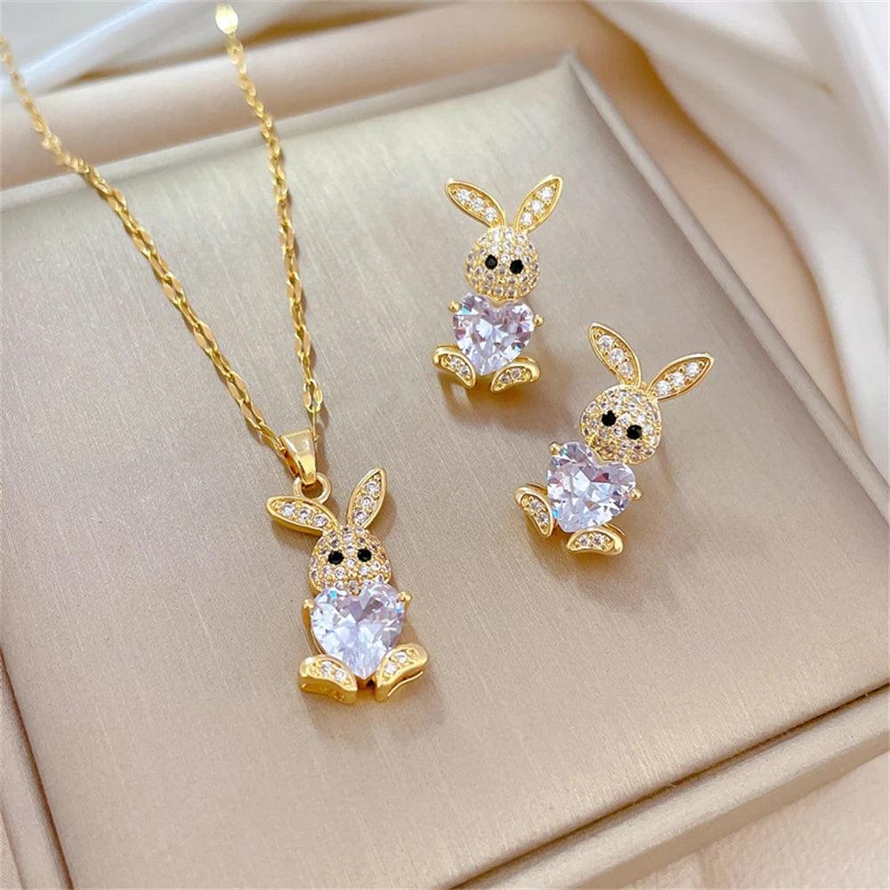 Exclusive Luxury Cute Rabbit Earrings & Necklace For Rich People Made Of Stainless Steel