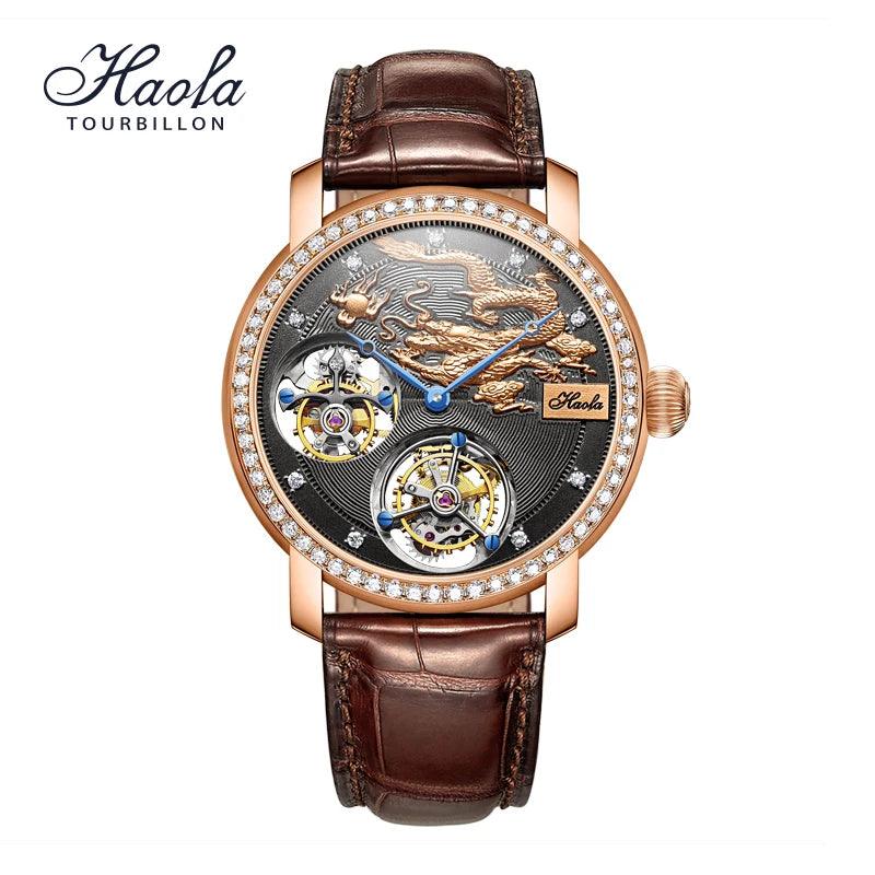 Luxury Rare Expansive 18K Gold Double Movement Skeleton Men's Watch Manual Mechanical Diamond R Watch For Men