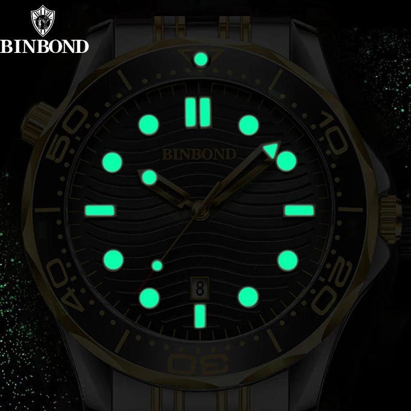 BINBOND B2820 New Casual Fashion Ultra-thin Sea Horse Series Quartz Mens Watches 30M Waterproof Luminous Sports Mens Watches