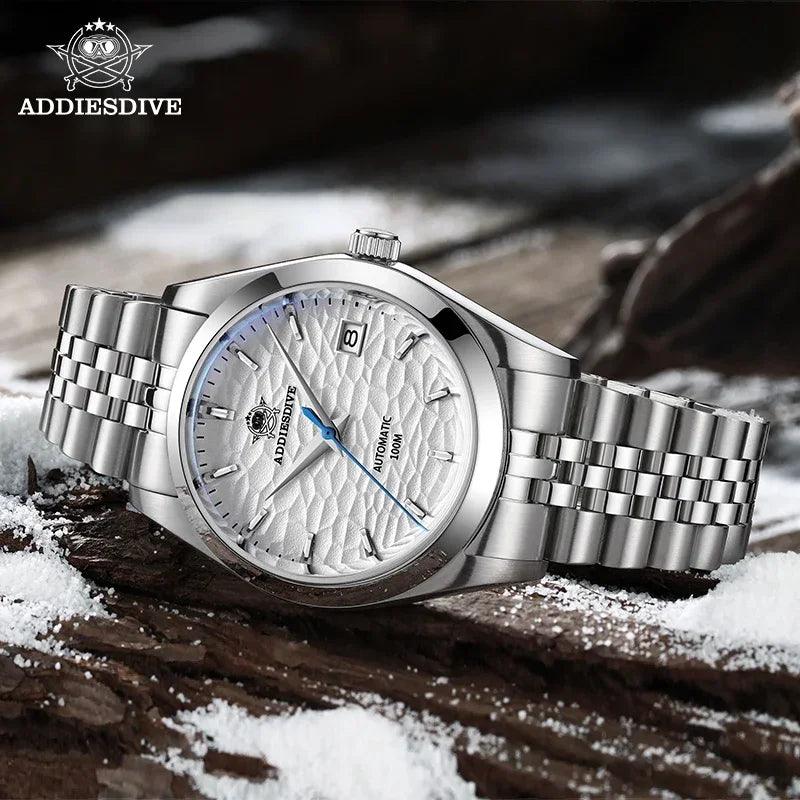 Elegant 39mm Stainless Steel Mechanical Watch with Wave Dial