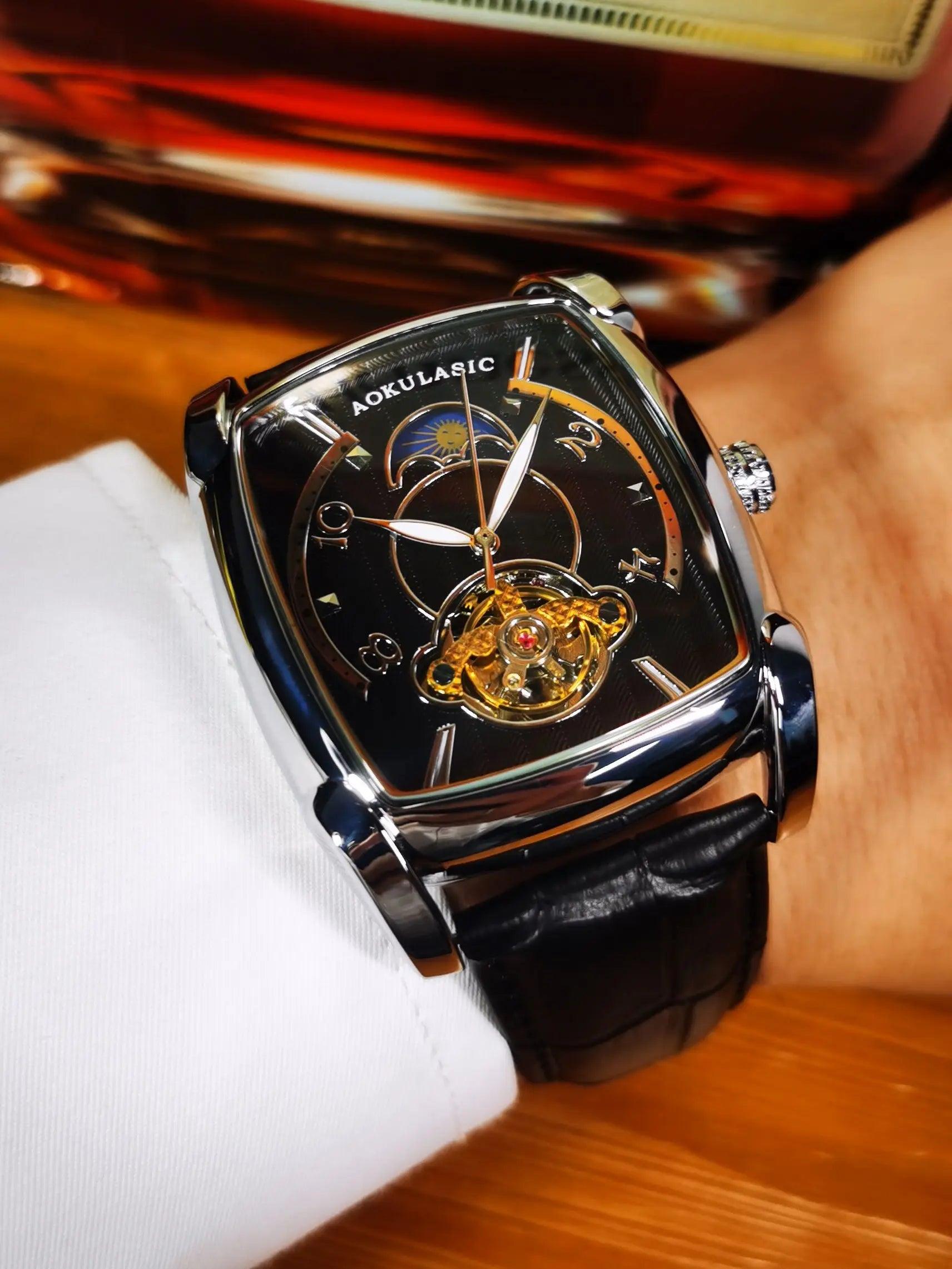 Exclusive and rare men's automatic watch tourbillon skeleton mechanical watches leather strap luminous hands