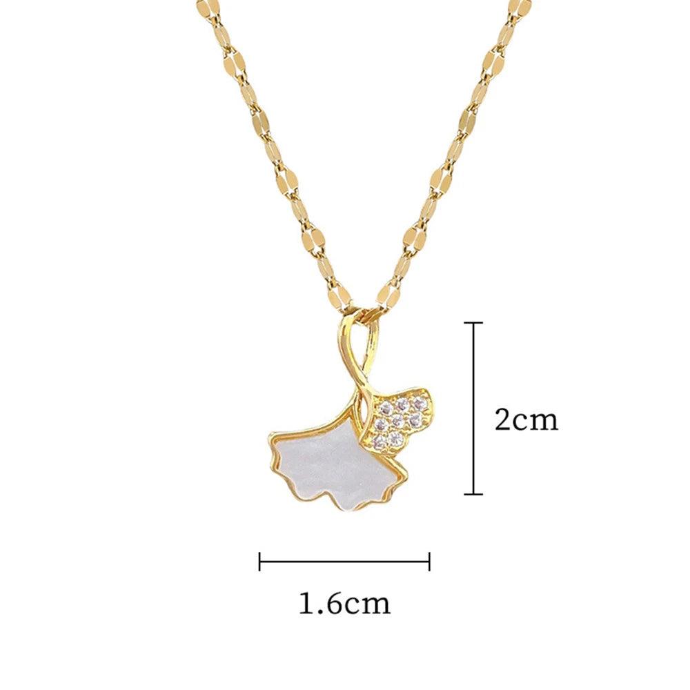 Crystal Ginkgo Leaf Pendant with Zircon and Stainless Steel