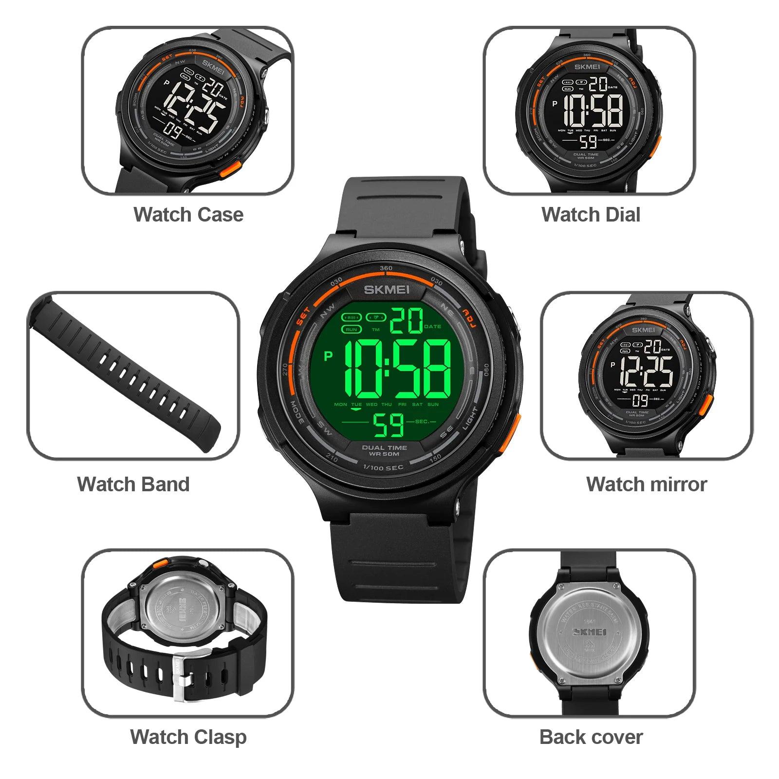 Men's Sports Watch Japan Digital Movement LED Light Countdown Beautiful Design 5 Bar Waterproof Alarm Clock