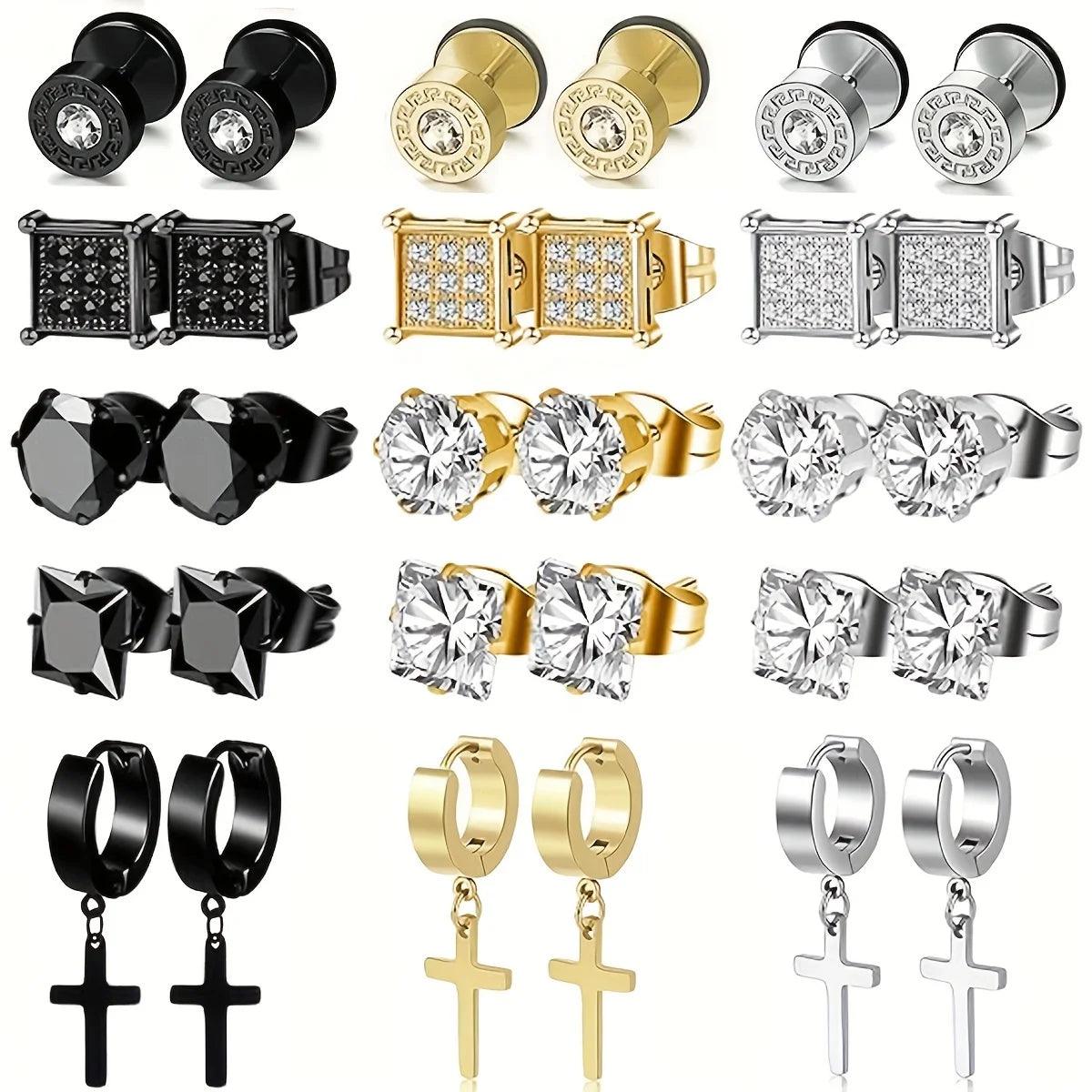 Luxurious men's earrings set in multiple colors and shapes