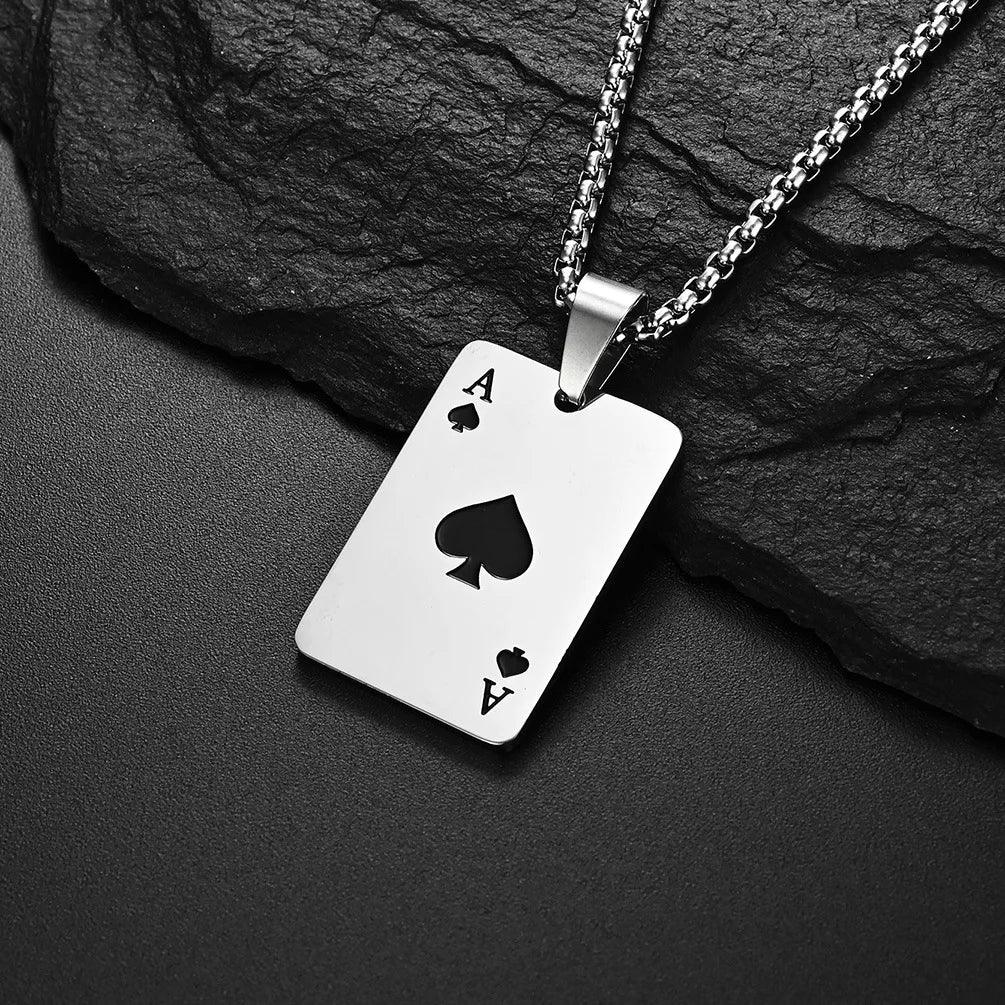 2Piece Set Hip Hop Statement Stainless Steel Poker Card Ace of Spades Necklace For Women Men Pendant Chain Playing Cards Jewelry