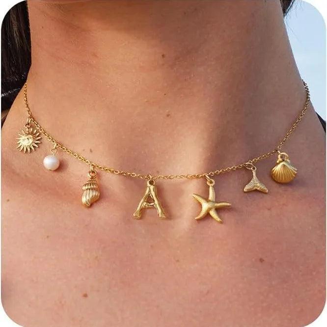 Surfer Girl Necklace Beach Jewelry Initial Necklace for Girlfriend Seashell Letter Choker Women Gift Starfish Pearl Accesorios