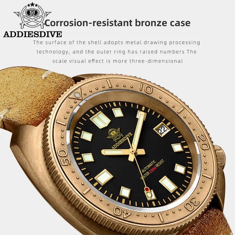 Luxury Automatic Mechanical Watch with Genuine Leather Strap for Diving to 200 Meters