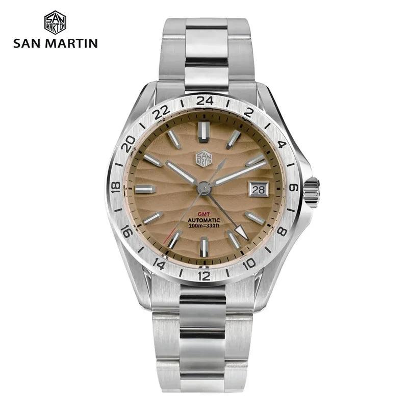 San Martin SN0129 New 39mm Desert Texture Luxury Men Watch NH34 GMT Automatic Mechanical Business Dress Sapphire 10Bar Luminous