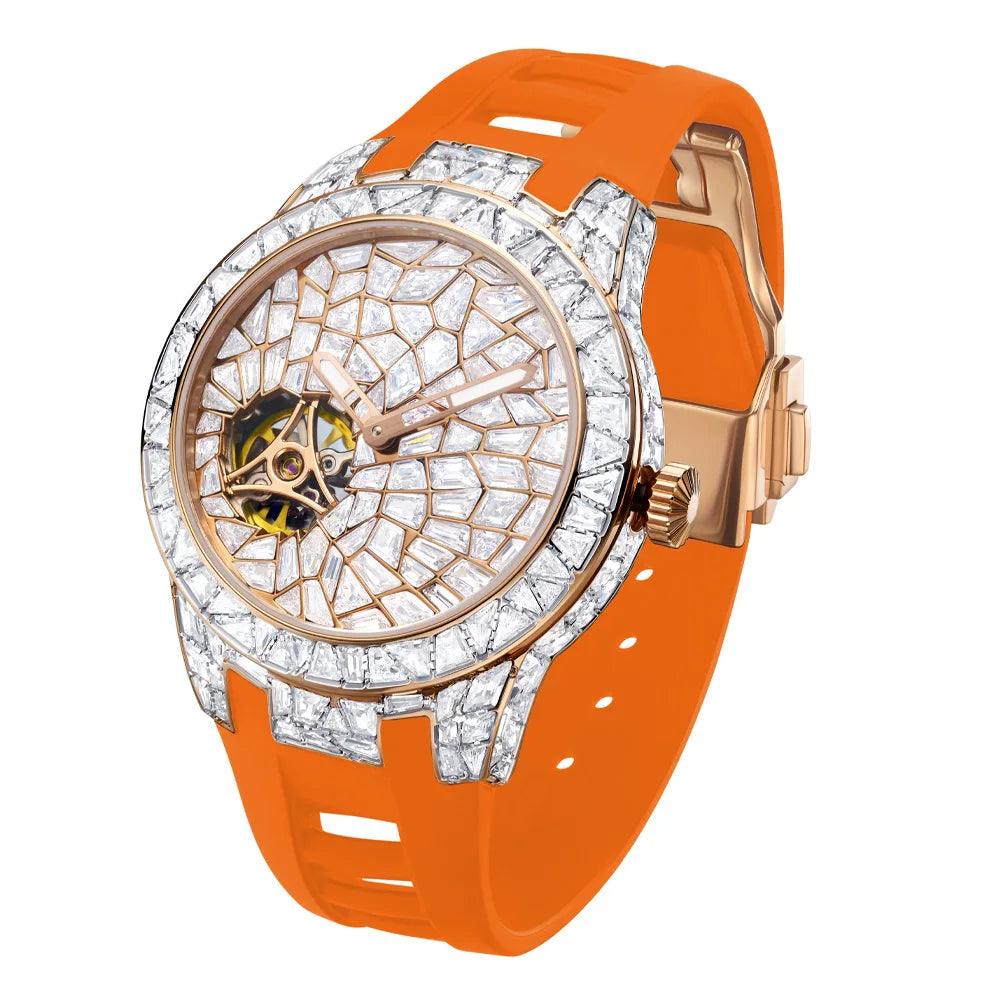 Exclusive Men's Mechanical Watch with Automatic Mechanical Movement and Luminous Crystal Dial Set with Diamonds