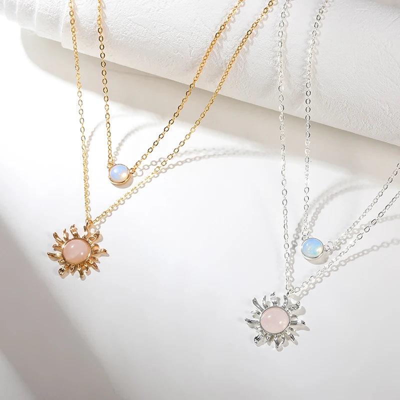 Skinny Luxury Pink Sun Necklaces For Women Style Double Stainless Steel Chain