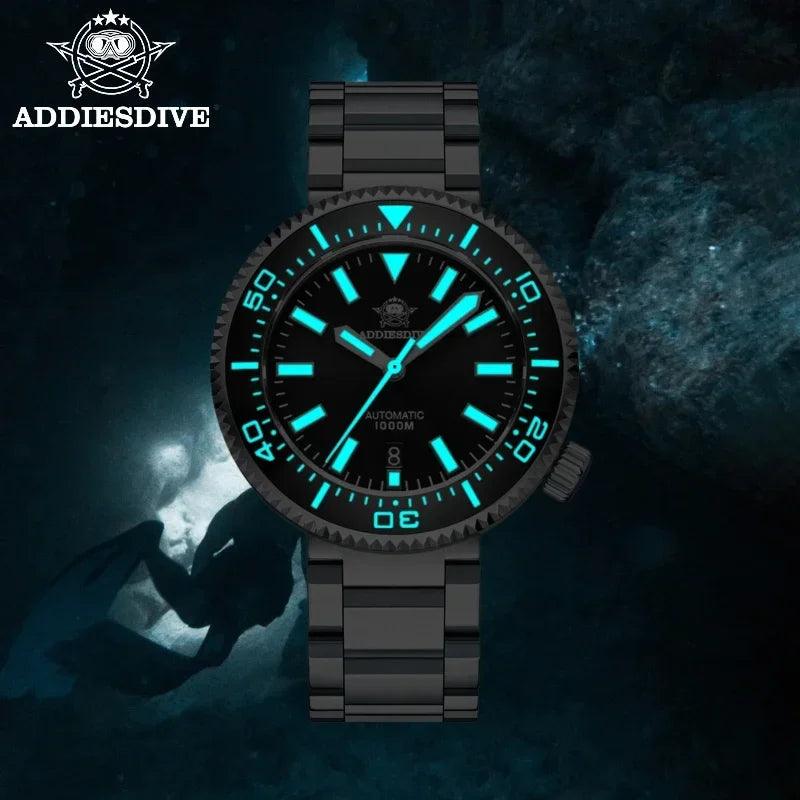 Heavy blue sapphire diving watch with unique round design, water resistant to 1000 meters.