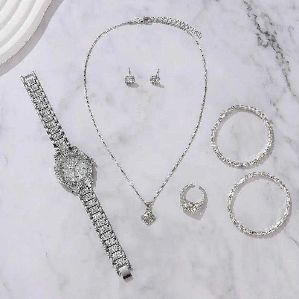 6 Pcs Jewelry Set: Watch, Necklace, Earrings, Ring and 2 Bracelets