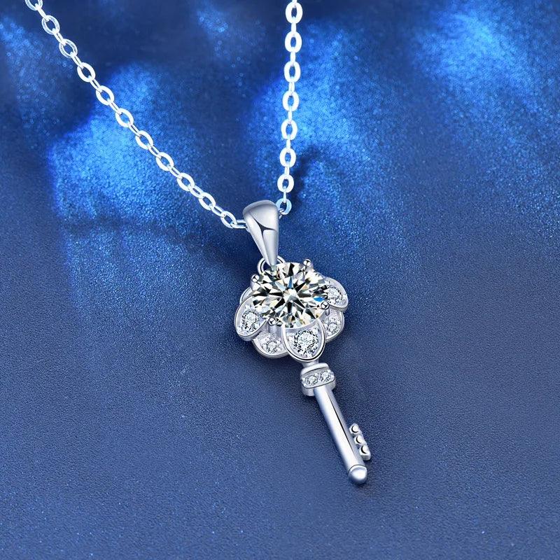 925 Sterling Silver Key Necklace Female 1 Carat Moissanite Diamond Clavicle Pendant