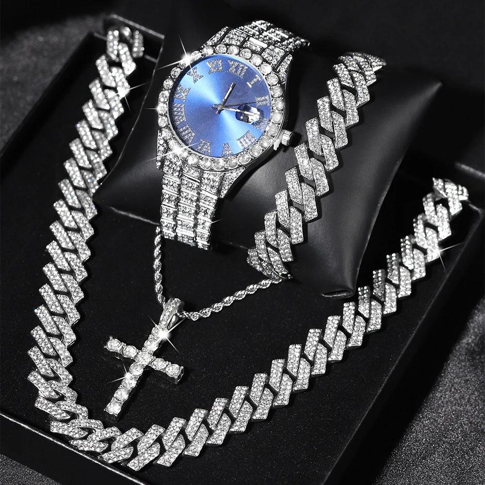 Watch+Necklace+Bracelet High Quality Cross Pendant and Bling Cuban Chain Fashion