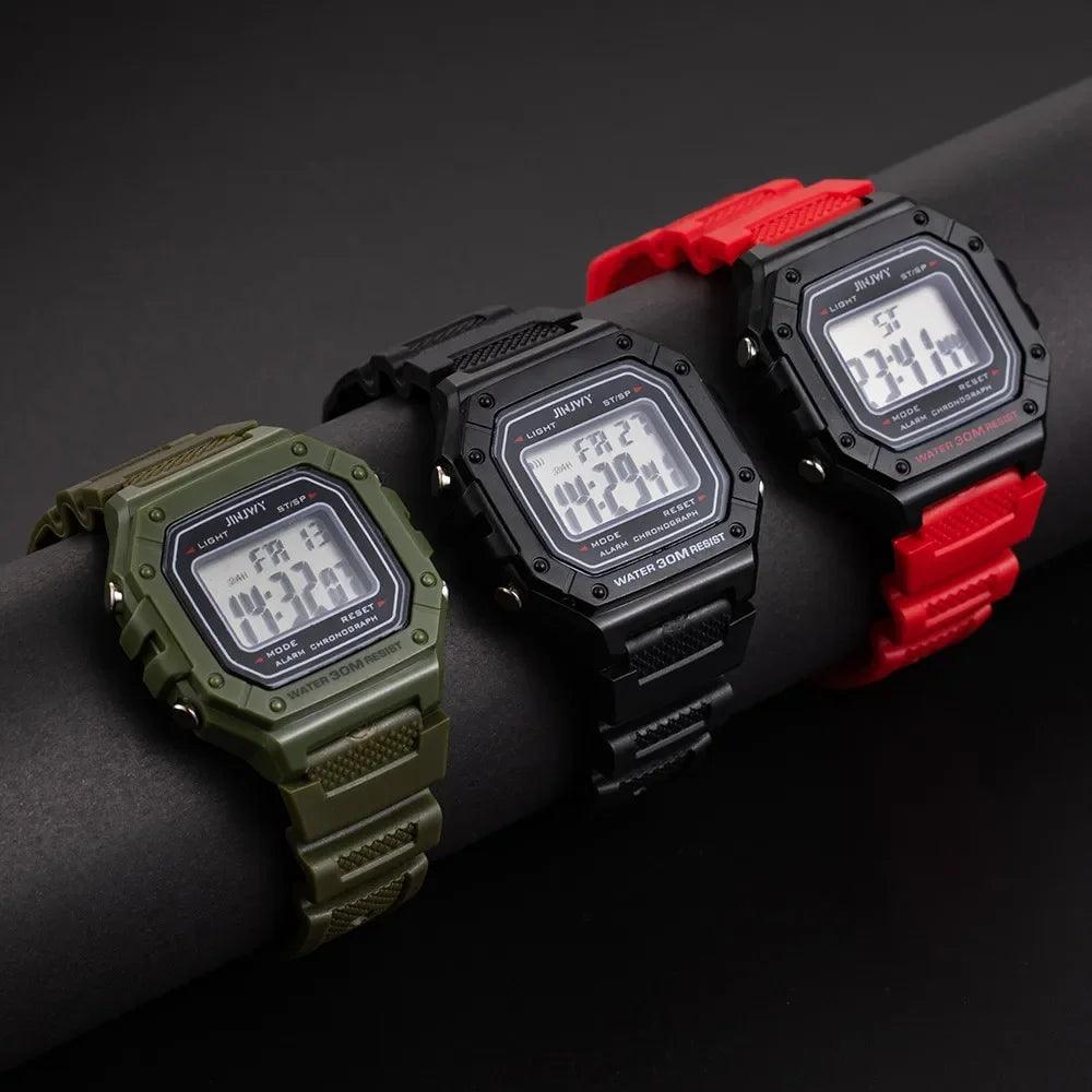 Stylish sporty digital watch with water resistance that displays day and date