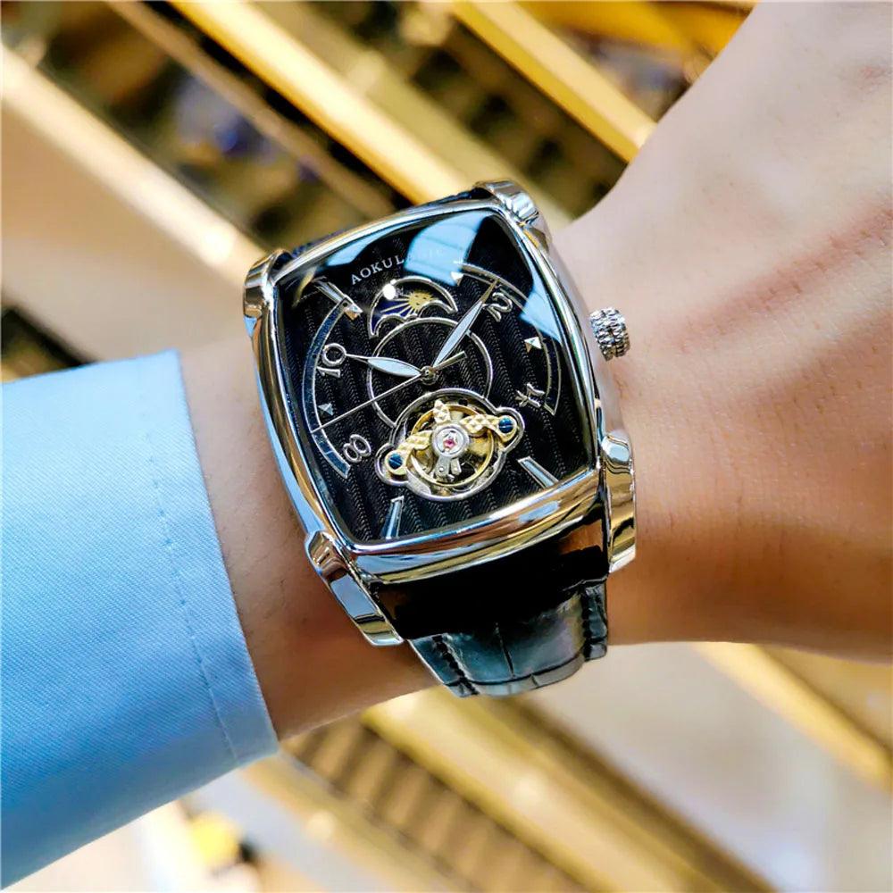 Exclusive and rare men's automatic watch tourbillon skeleton mechanical watches leather strap luminous hands