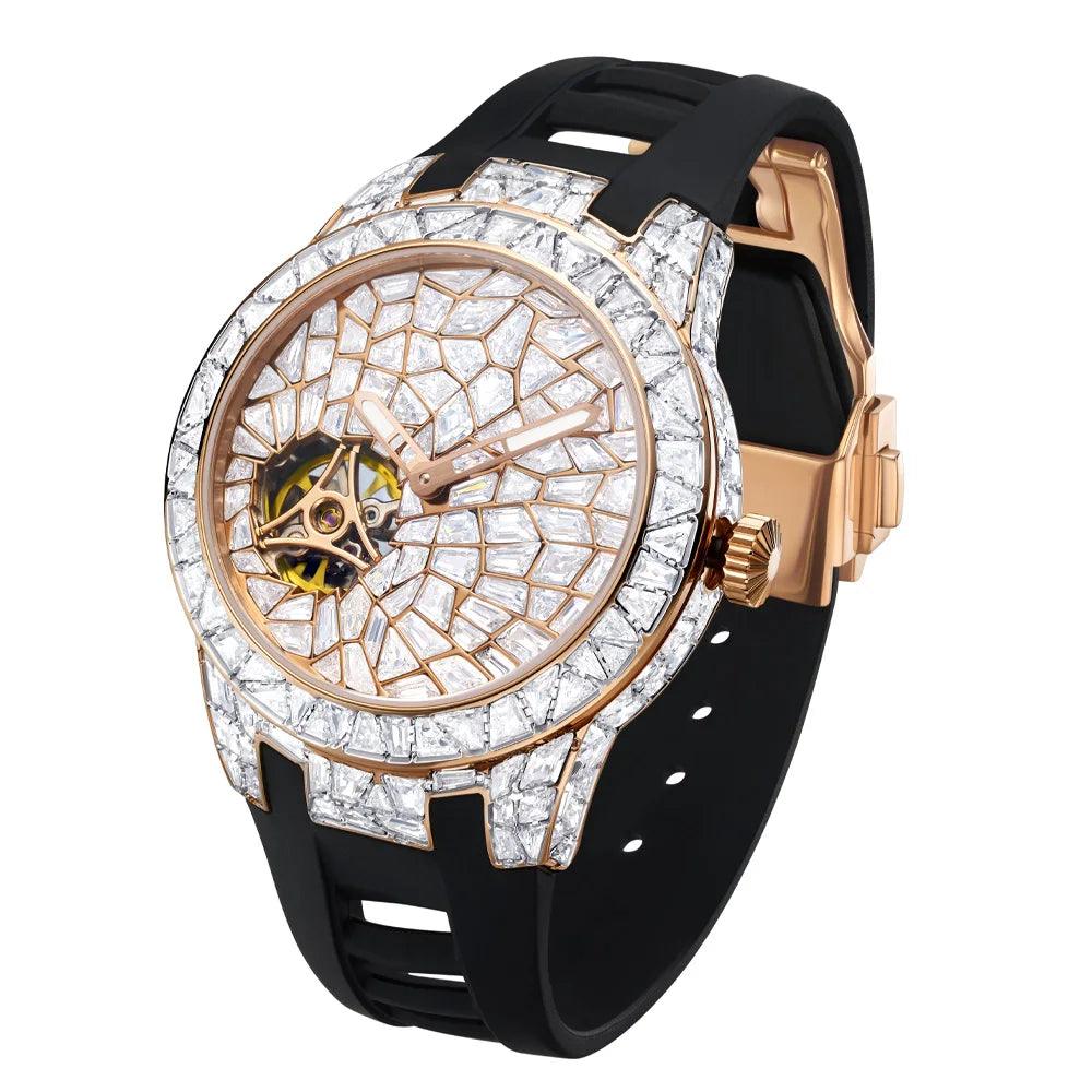 Exclusive Men's Mechanical Watch with Automatic Mechanical Movement and Luminous Crystal Dial Set with Diamonds