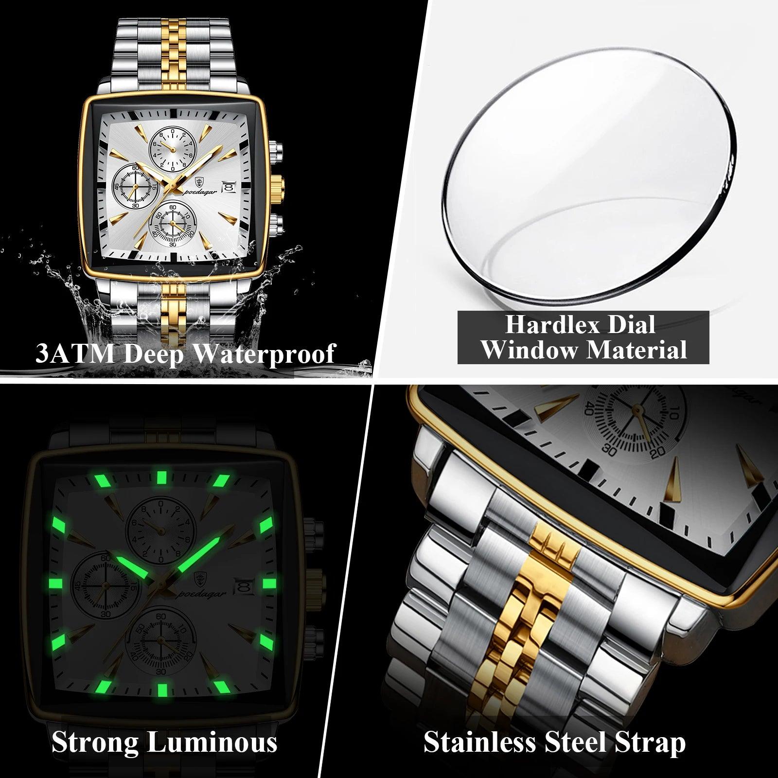 Luxury Men's Square Wristwatch Waterproof Luminous Stainless Steel Quartz Watch