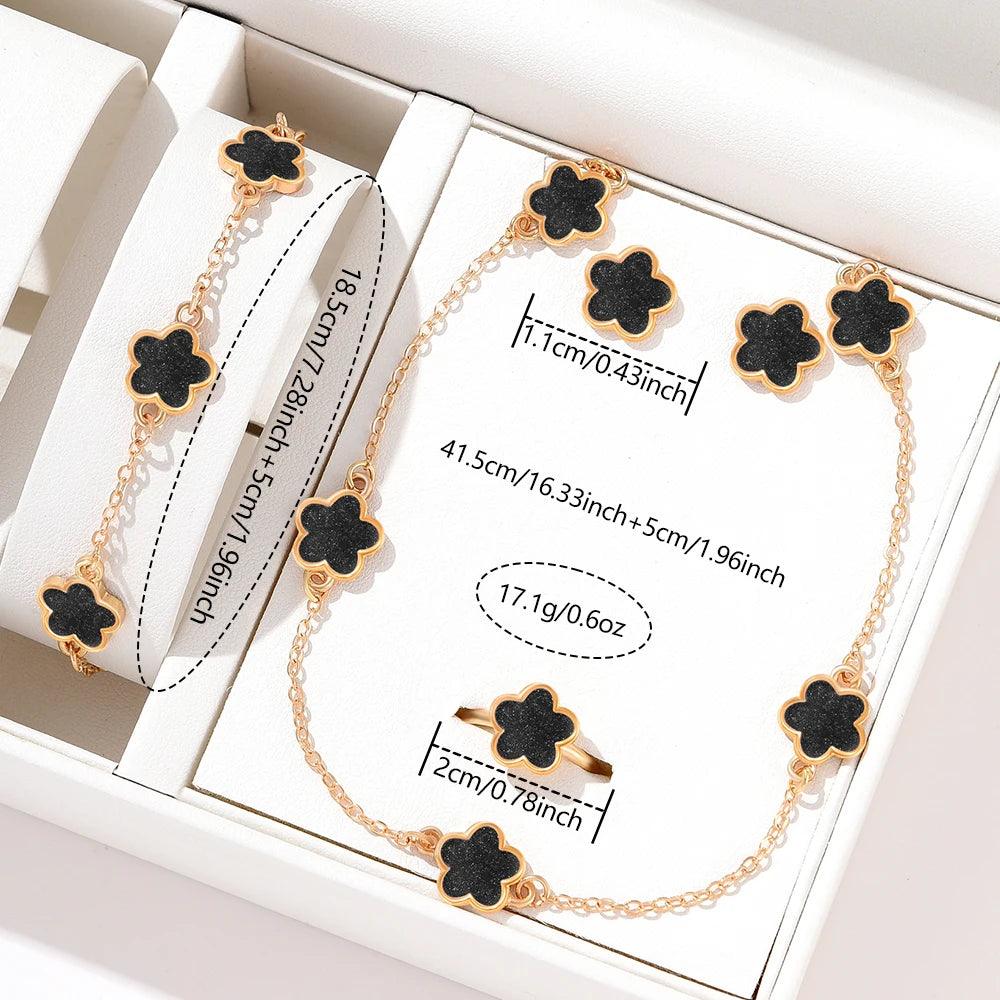 5pcs Women's Set Includes Five-Leaf Clover Bracelets, New French Style Necklaces, Rings and Earrings. This set is elegant and versatile, making it perfect for different occasions.