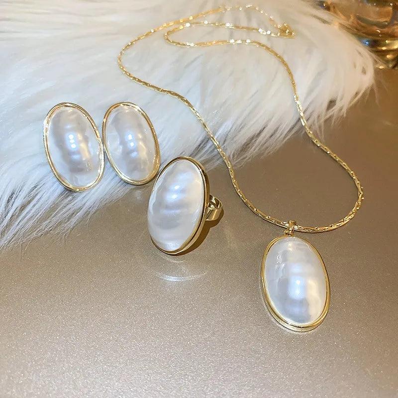 French Fashion Large Oval Pearl Necklace and Pearl Earrings Wedding Jewelry Set