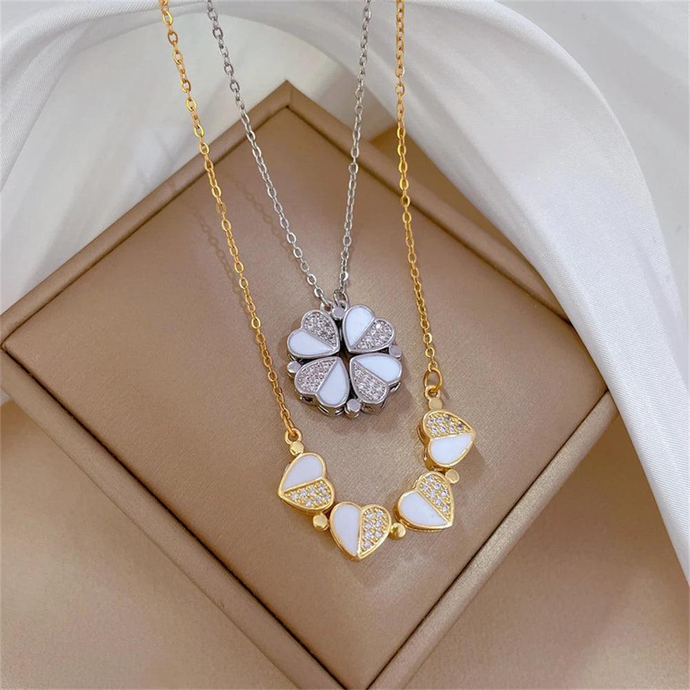 Simple Transform Luxury Four Leaf Clover Pendant Necklace Stainless Steel Crystal Heart