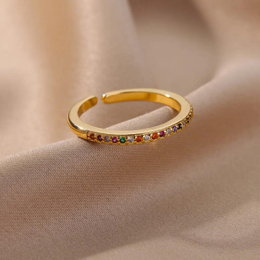 Small Colorful Zircon Rings with Solid Open Band Stainless Steel, Simple Design