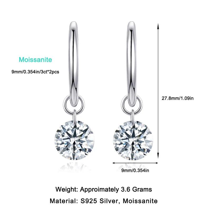 925 Sterling Silver Dangle Earrings with 6ct Moissanite Stone, Luxury White Gold Plated and Diamonds