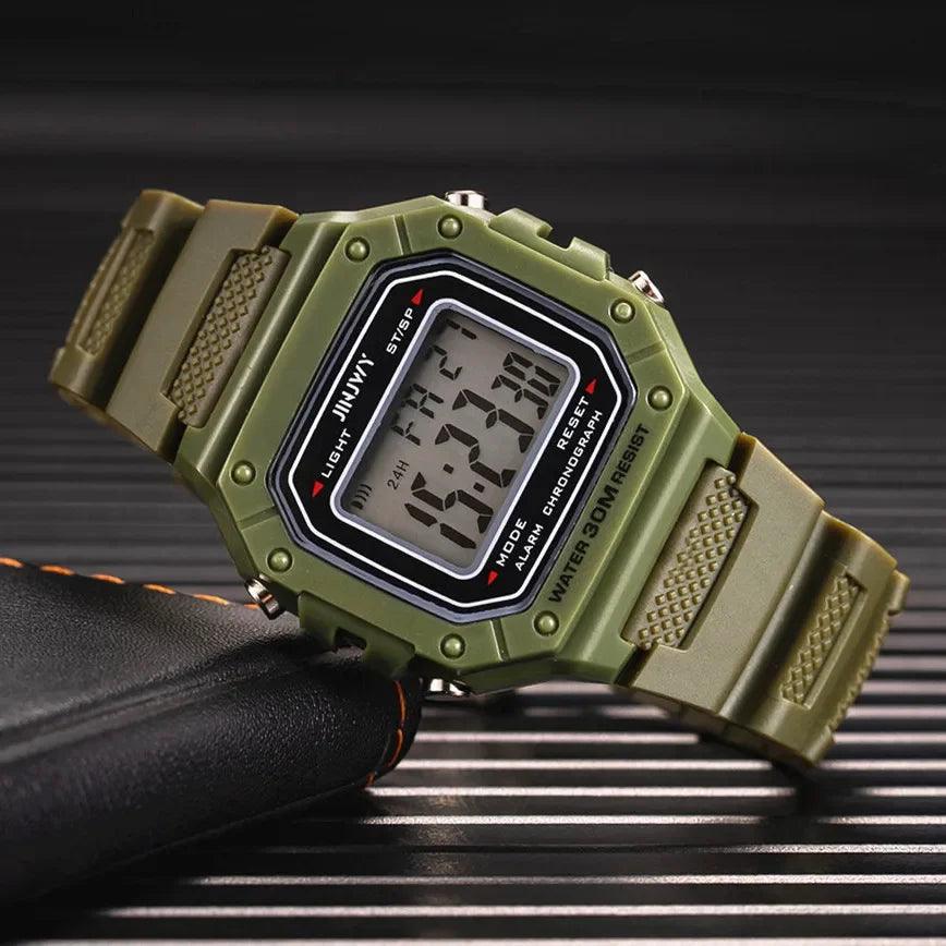 Stylish sporty digital watch with water resistance that displays day and date