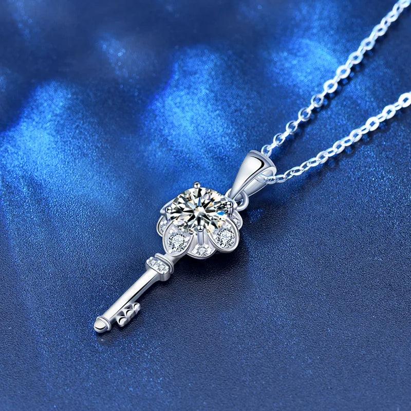 925 Sterling Silver Key Necklace Female 1 Carat Moissanite Diamond Clavicle Pendant