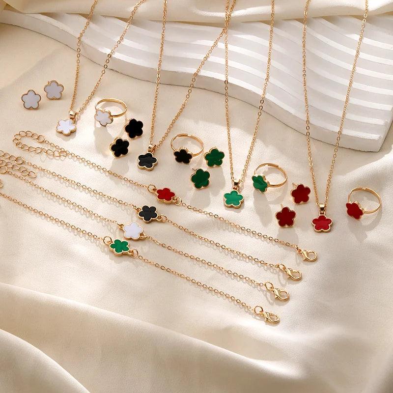 5pcs Women's Jewelry Set featuring Five Leaf Clover Bracelets, trendy French niche necklaces, stylish bracelets, rings, and earrings. This fashionable and versatile collection is perfect for various occasions.