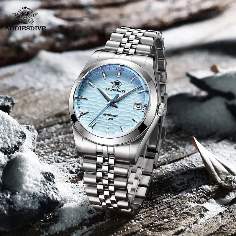 Elegant 39mm Stainless Steel Mechanical Watch with Wave Dial