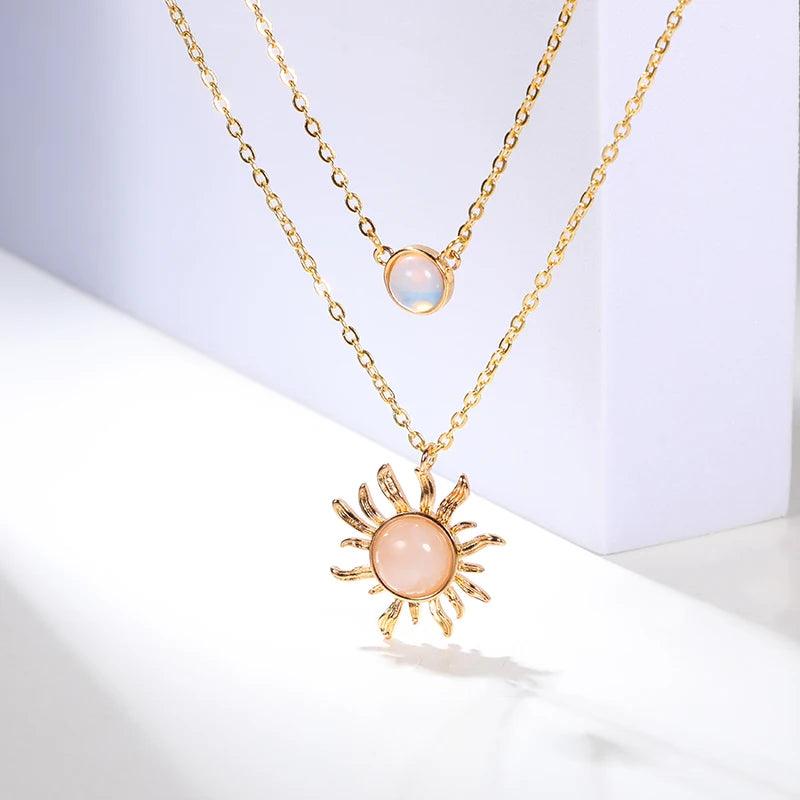 Skinny Luxury Pink Sun Necklaces For Women Style Double Stainless Steel Chain