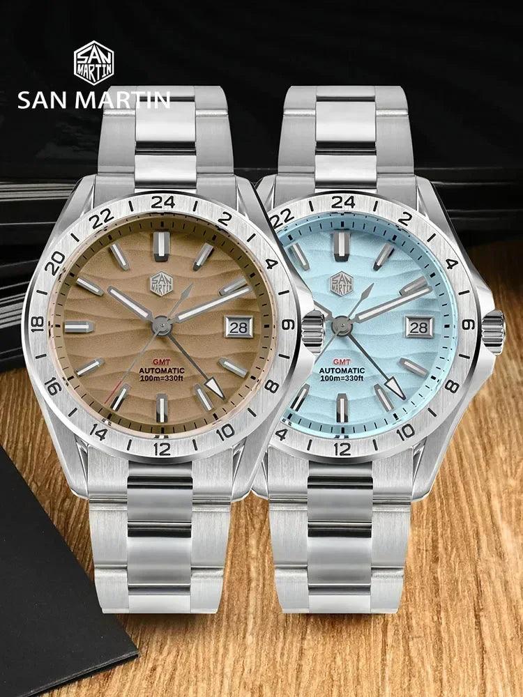 San Martin SN0129 New 39mm Desert Texture Luxury Men Watch NH34 GMT Automatic Mechanical Business Dress Sapphire 10Bar Luminous