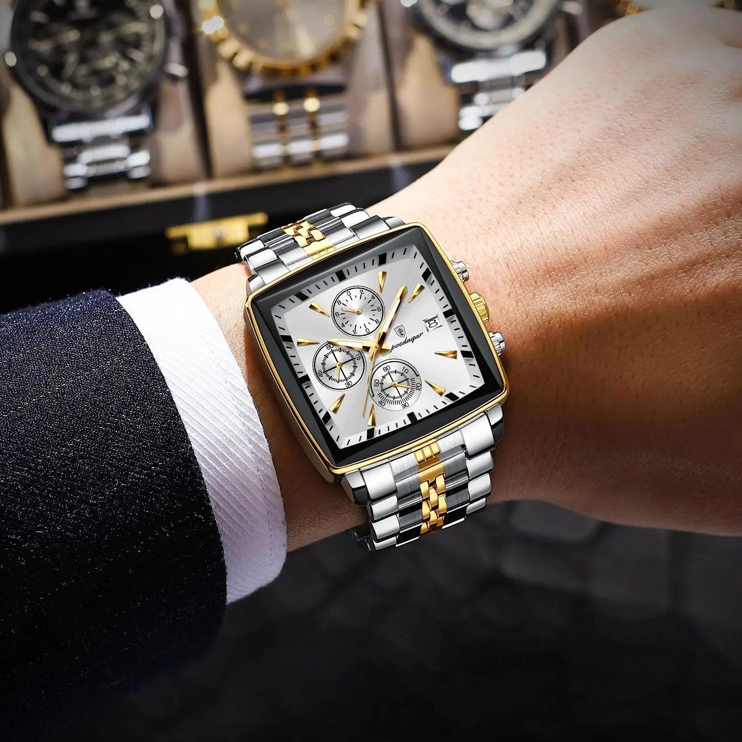 Luxury Men's Square Wristwatch Waterproof Luminous Stainless Steel Quartz Watch