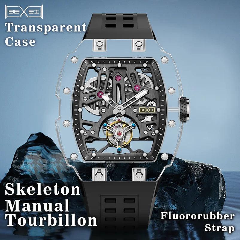 Rare Luxury Skeleton Crystal Tourbillon Watch Men 72H Waterproof