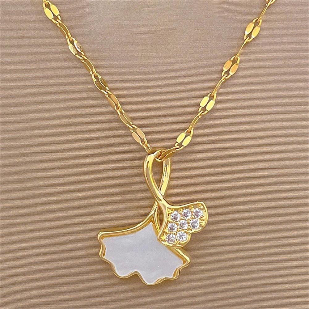 Crystal Ginkgo Leaf Pendant with Zircon and Stainless Steel